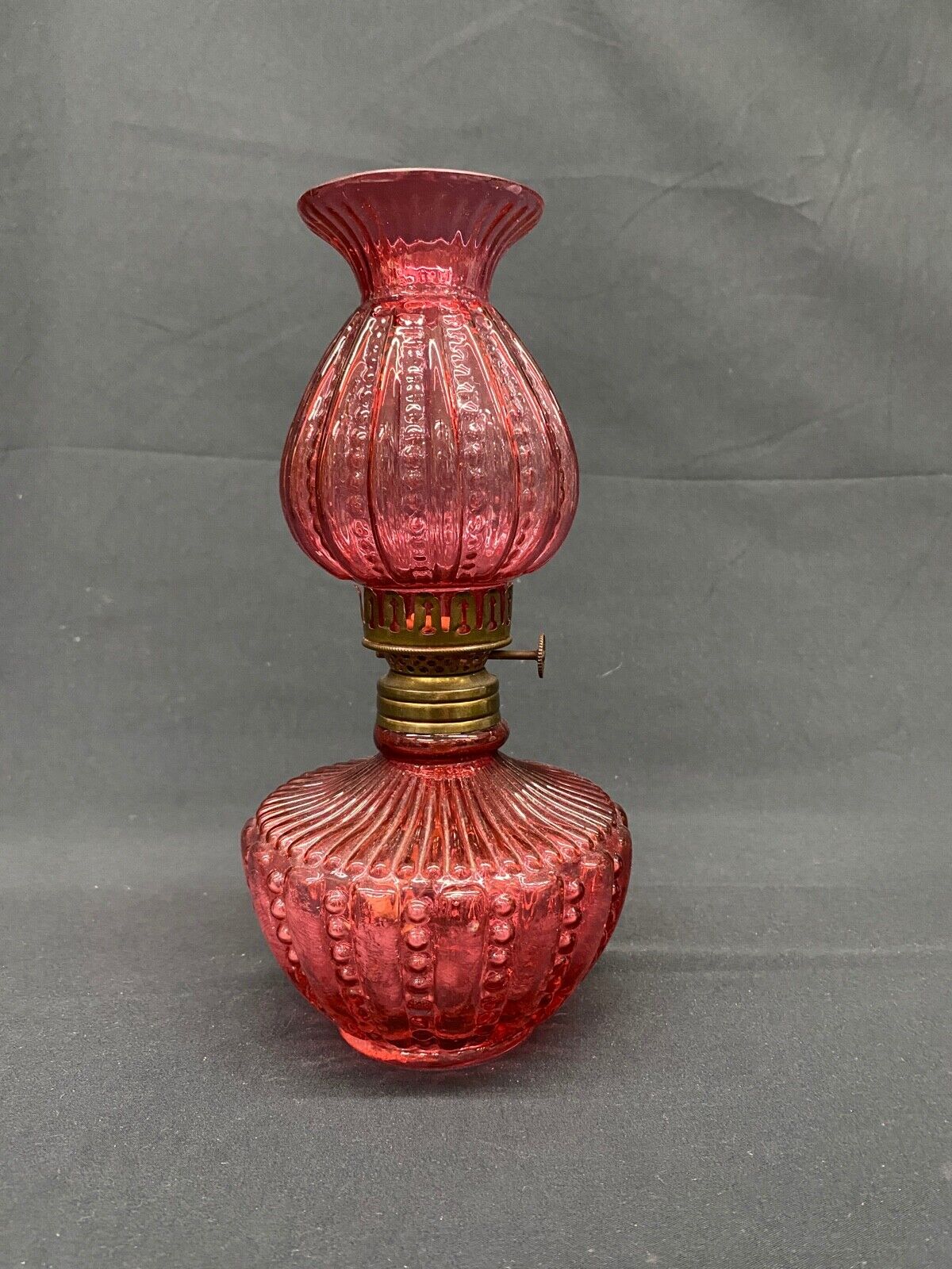 Antique Cranberry Hobnail Oil Lamp with P & A Burner; Smaller Size
