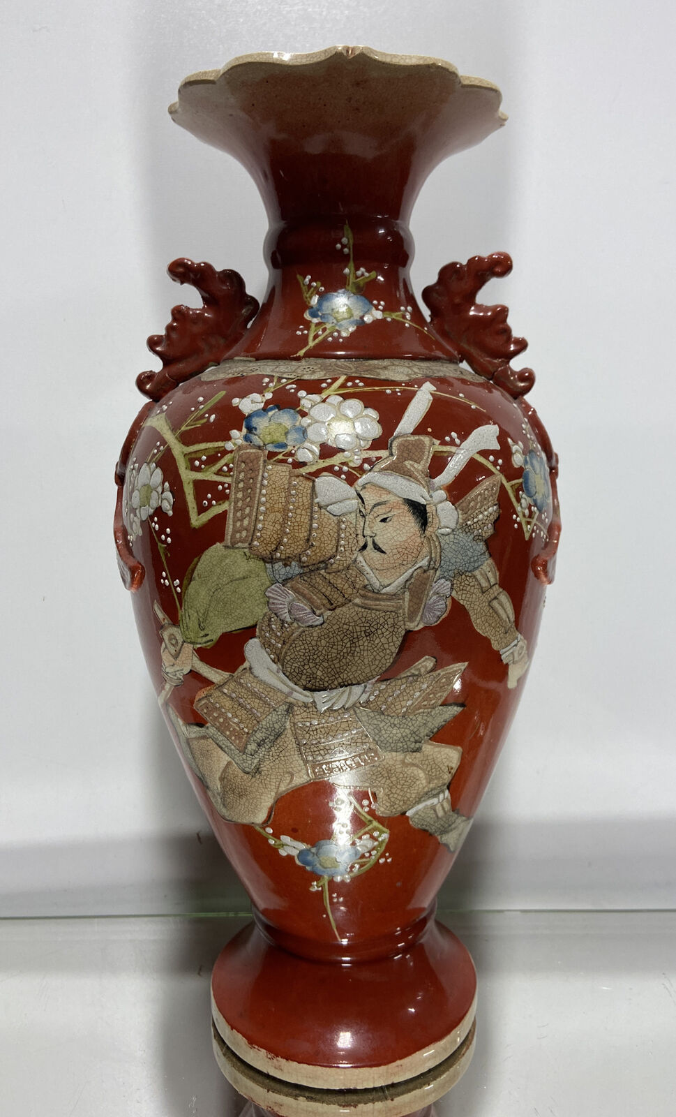 LG. VTG Hand Painted Moriage Porcelain Stoneware Vase Satsuma Sign/Marked