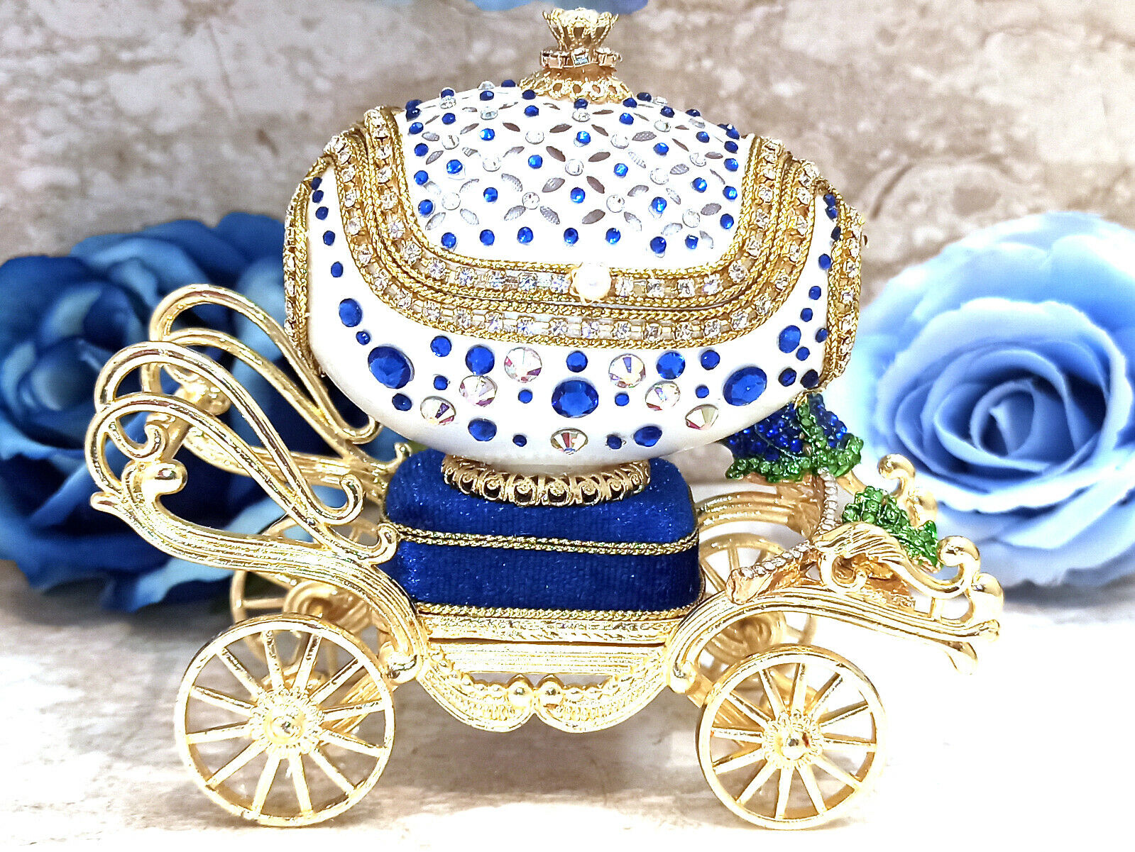 Only One Blue Rose Faberge Egg Carriage Wedding Anniversary gift for wife 10ct 