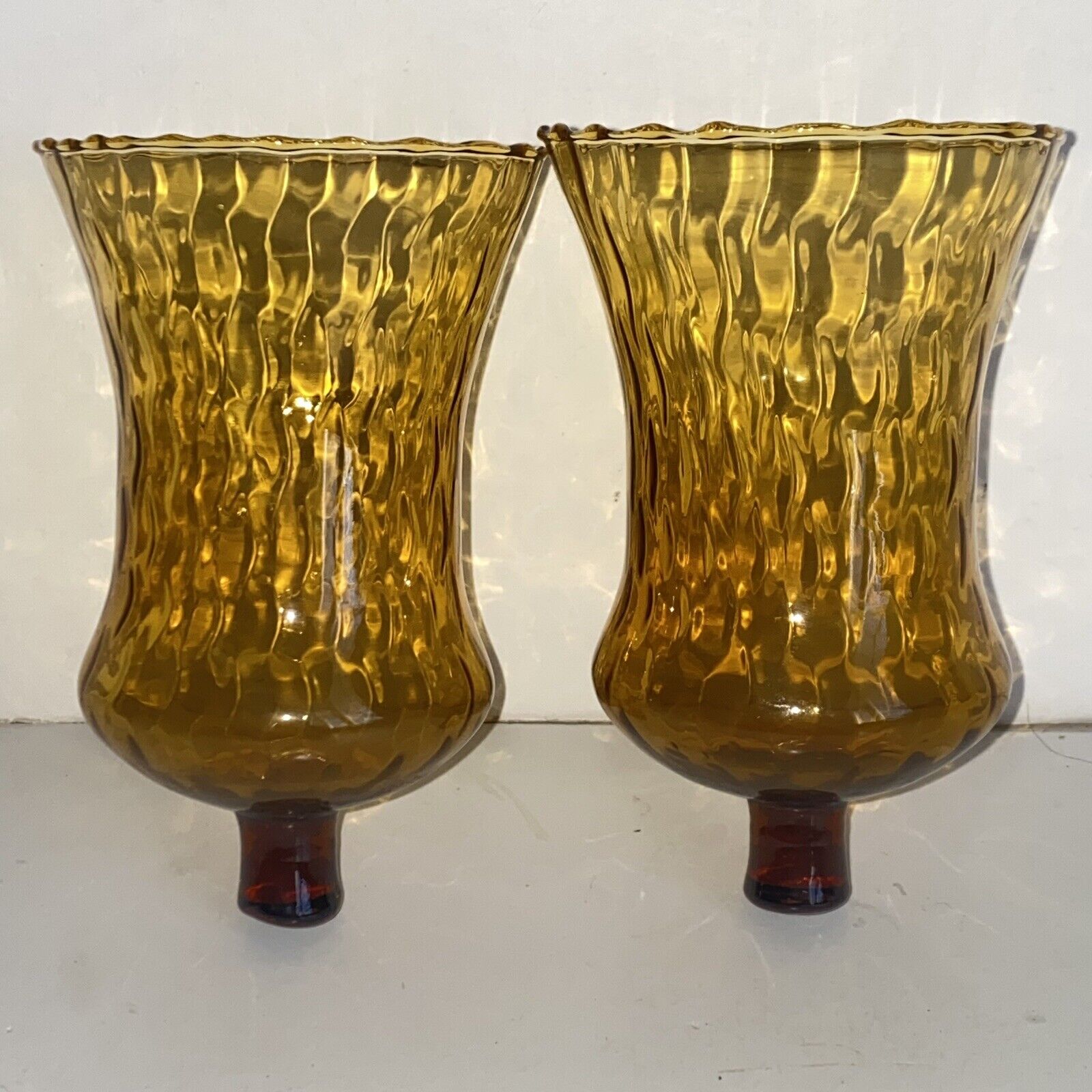 Vintage Pair Ruffled Amber Honeycomb Twist Glass Votive Peg Candleholders