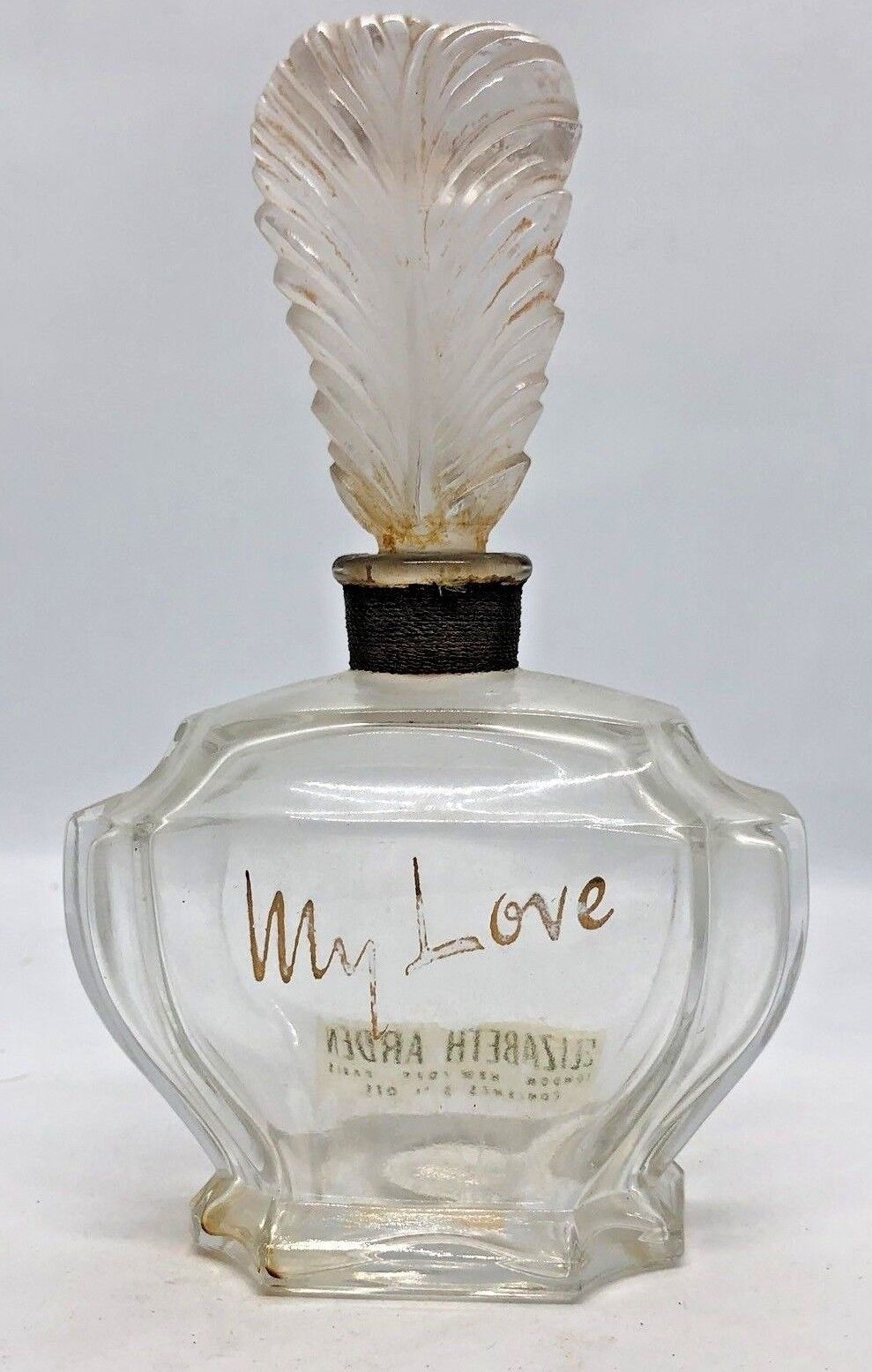 My Love Elizabeth Arden Glass Perfume Bottle with Figural Feather Stopper 