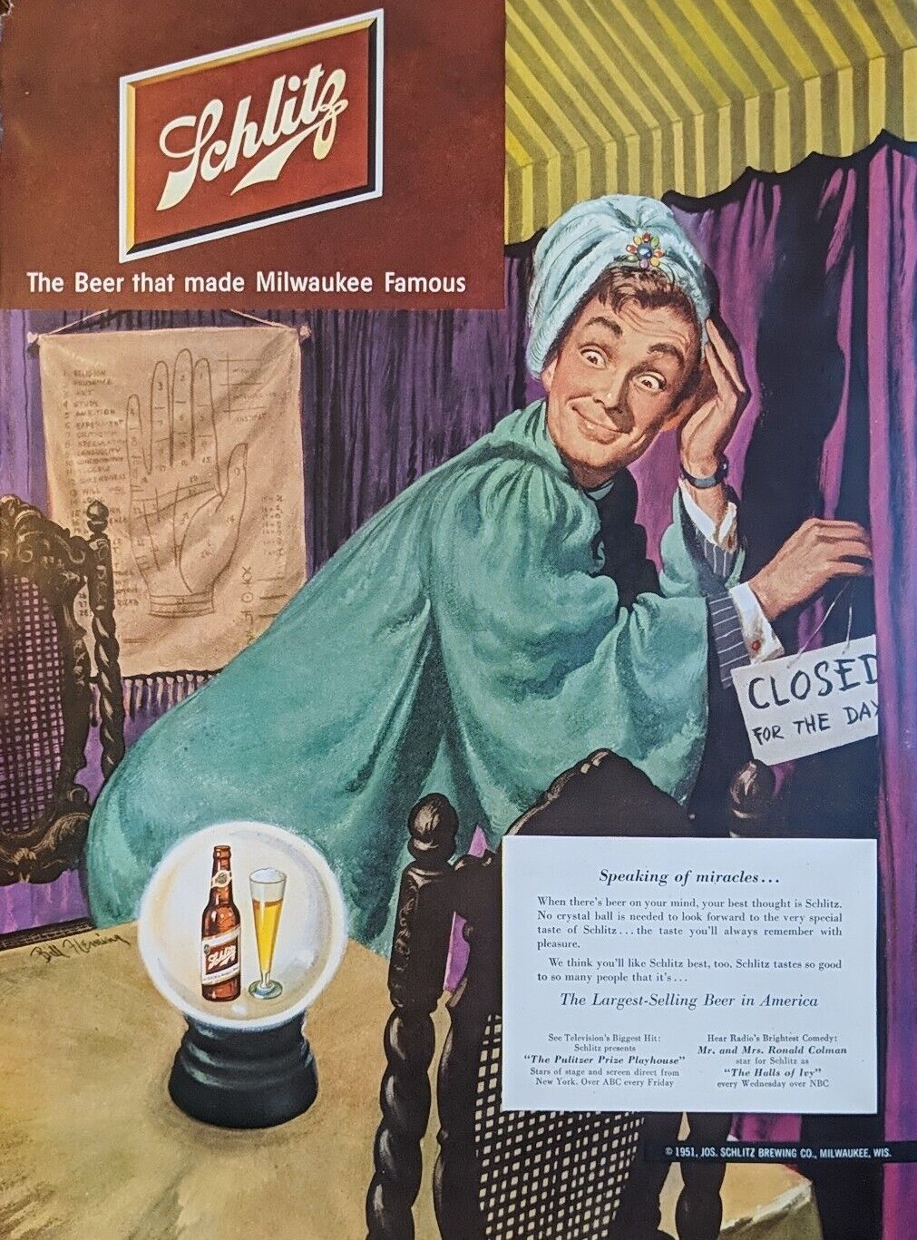 1951 vintage Schlitz beer ad, Fortune Teller Print Ad, Milwaukee Beer