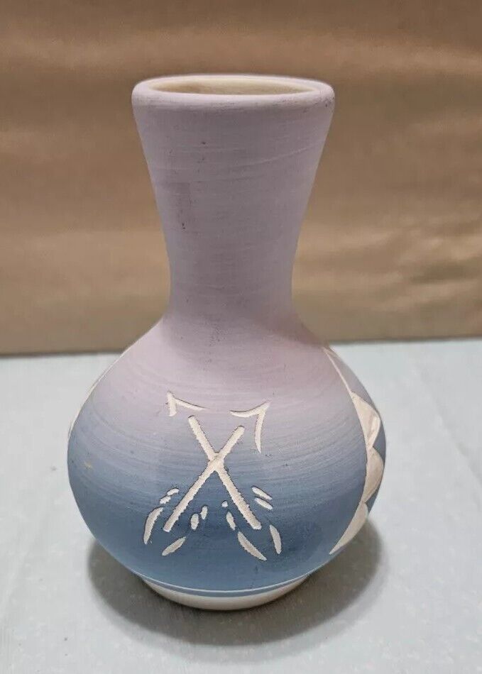 Native American Sioux Pottery 4.5” Bud Vase Signed  High Elk, Sky Blue - Purple
