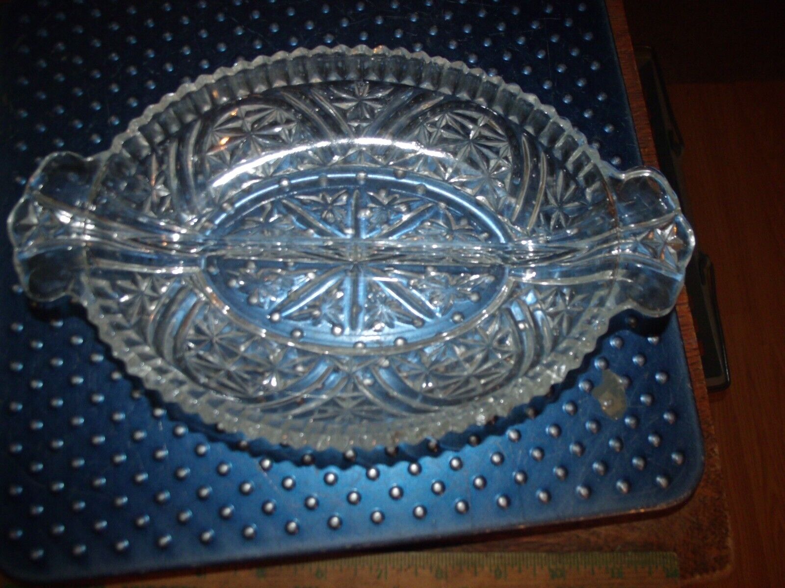 Divided Oval Pickle Olive Dish Pressed Glass Double Star Handled, Bumpy Edge 10