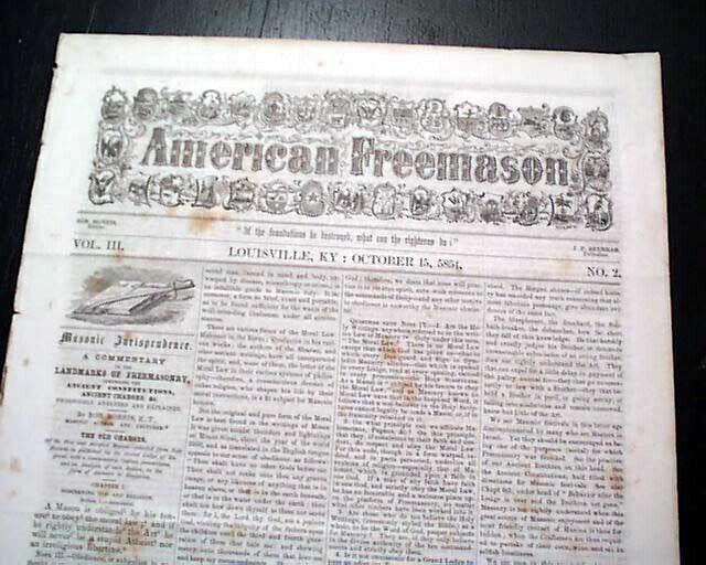 Rare MASONIC Freemasonry Masons LOUISVILLE KY Kentucky 5854 (1854) Newspaper 