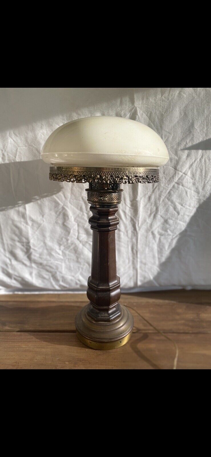 1970s Vintage Brass, Wood and Opal White Milk Glass Table Lamp With Key