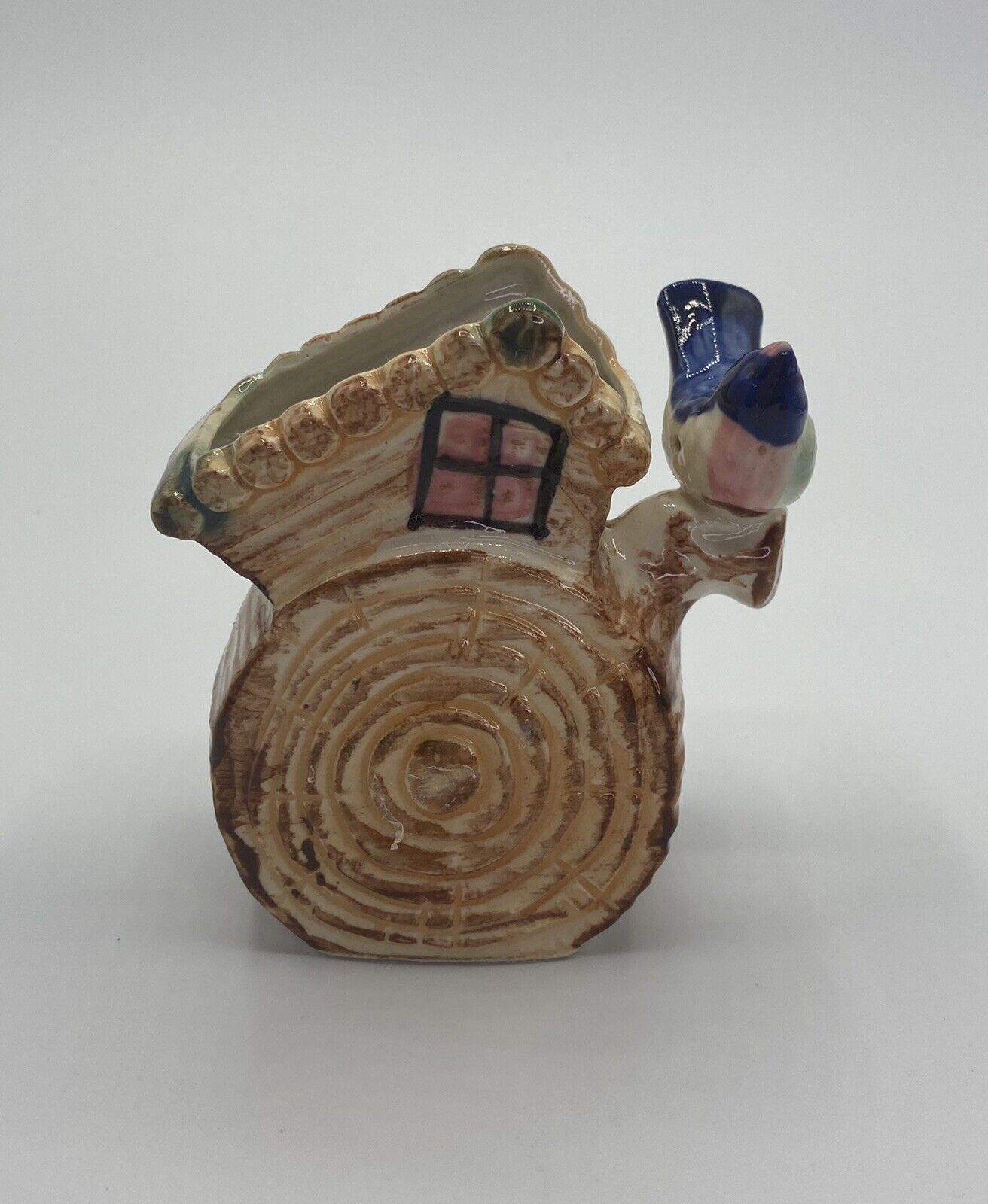 Vintage Blue Bird On A Log Bird House Ceramic Planter Made In Japan