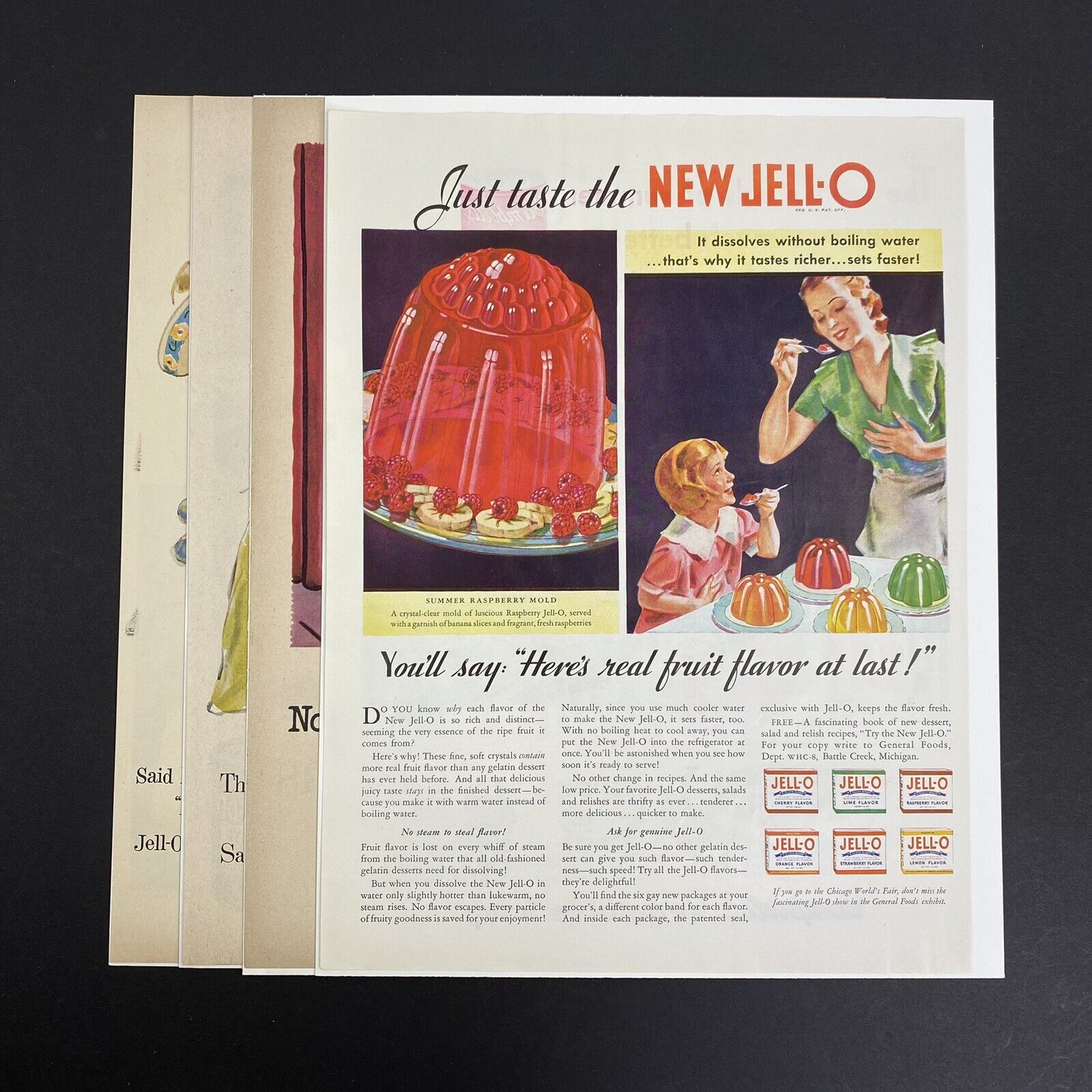 Vintage 1933 1953 1955 Jell-O Magazine Print Ads Lot of 4
