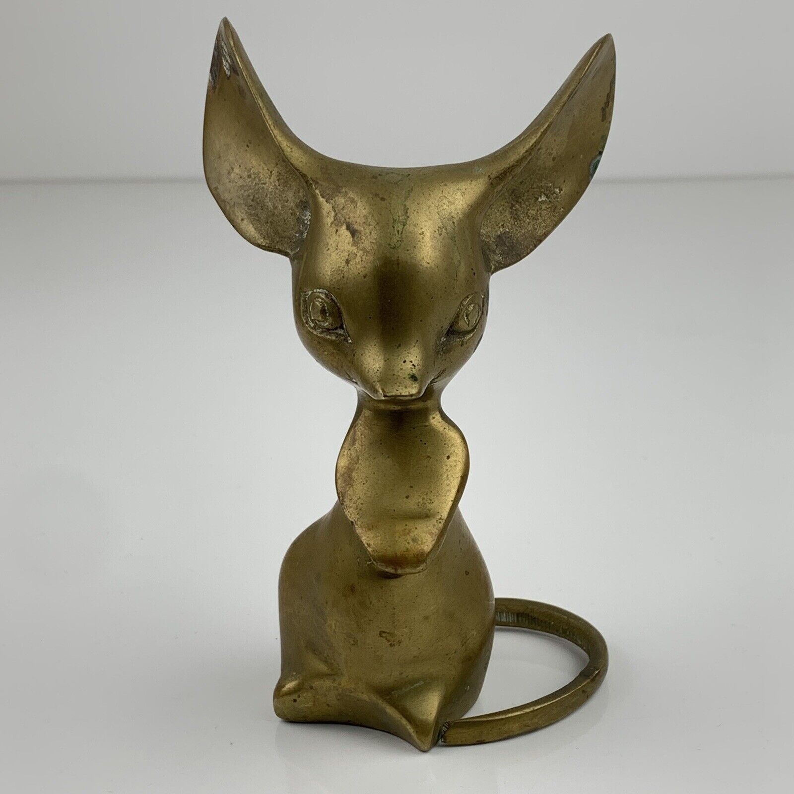 Vtg Solid Brass Mouse Large Ears Paperweight Sculpture Figurine MCM Patina 5\