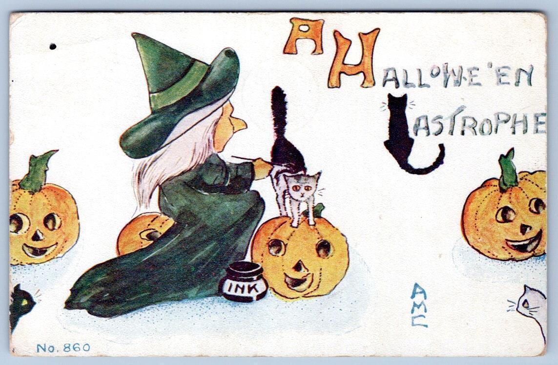 1911 A HALLOWEEN CASTROPHE WITCH PAINTS WHITE CAT WITH BLACK INK JACK-O-LANTERNS