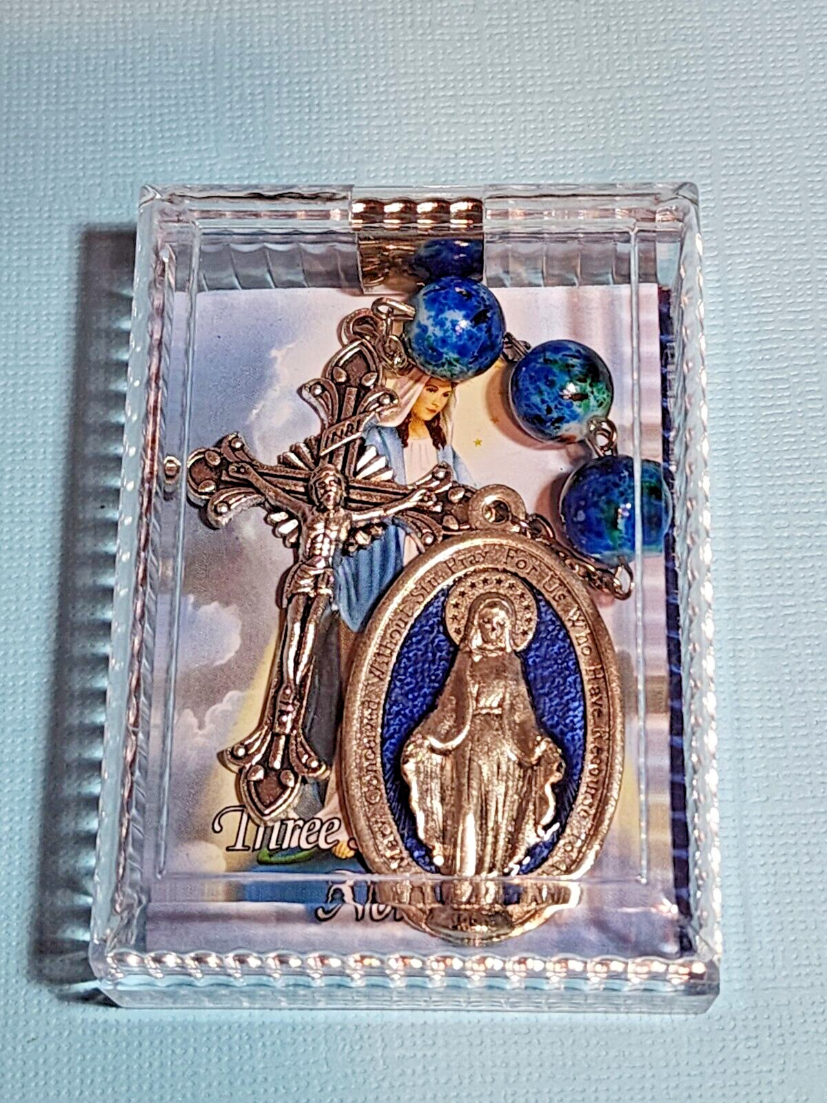 Three Hail Mary Chaplet with Case & Tri-fold Prayer Card - 8mm Glass Beads 7.5\