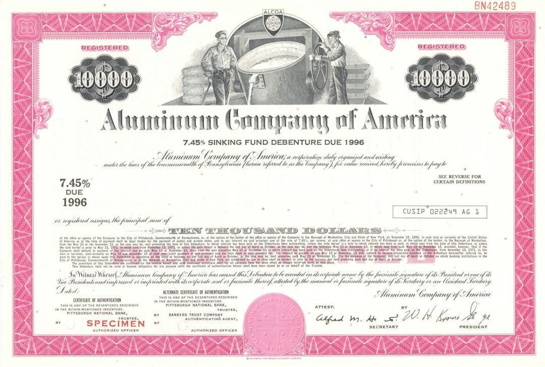 Aluminum Company of America - 1990's $10,000 or $1,000 Specimen Bond - Specimen 