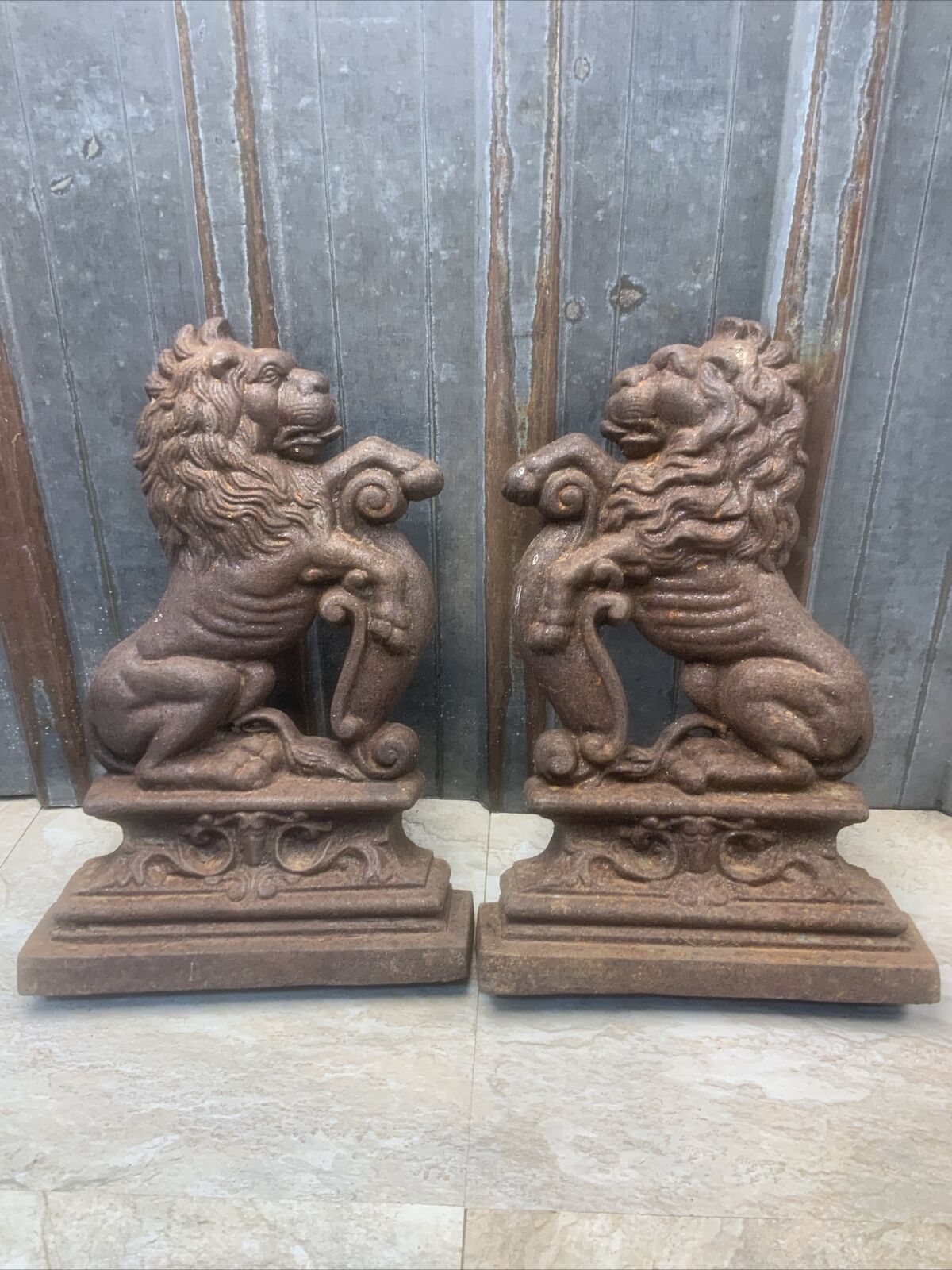 Antique Vintage Pair Cast Iron Lions Facing Each Other ￼ Salvage Decor ￼