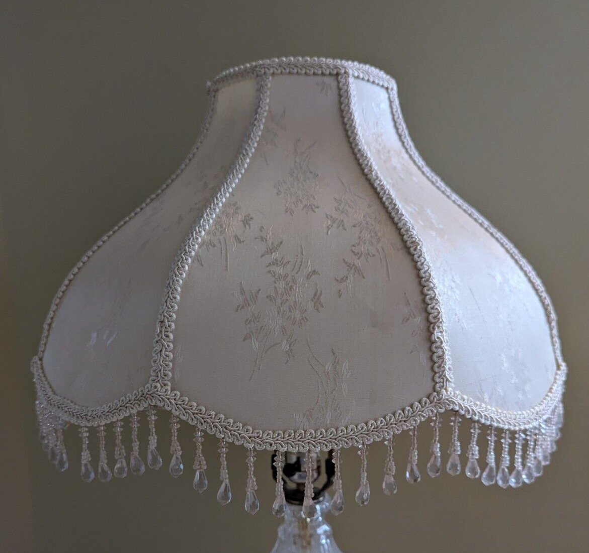 Victorian Style Ivory Lamp Shade Beaded Fringe with Floral Designs