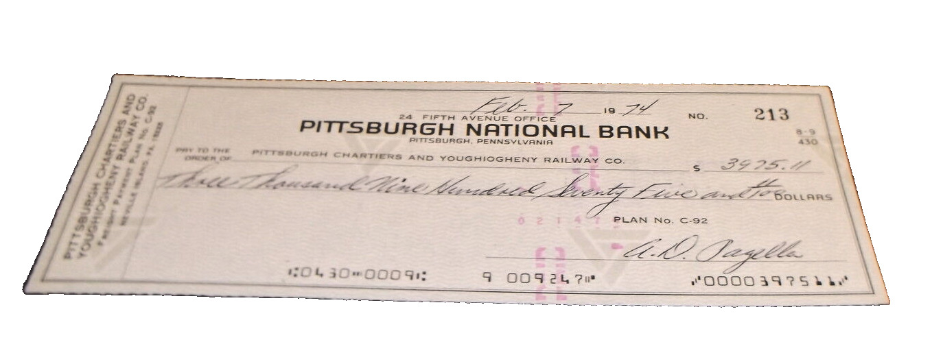 FEBRUARY 1974 PC&Y PITTSBURGH CHARTIERS AND YOUGHIOGHENY RAILROAD COMPANY CHECK