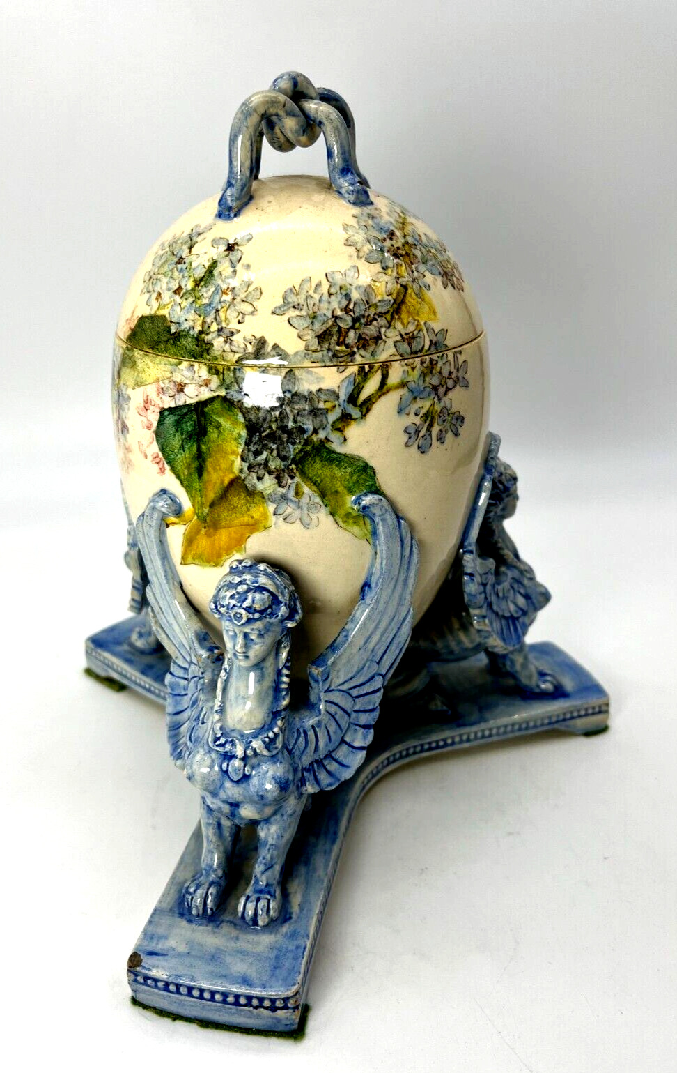 Antique Majolica Hand-Painted Pottery Winged Female Sphinx Guards Egg Vase