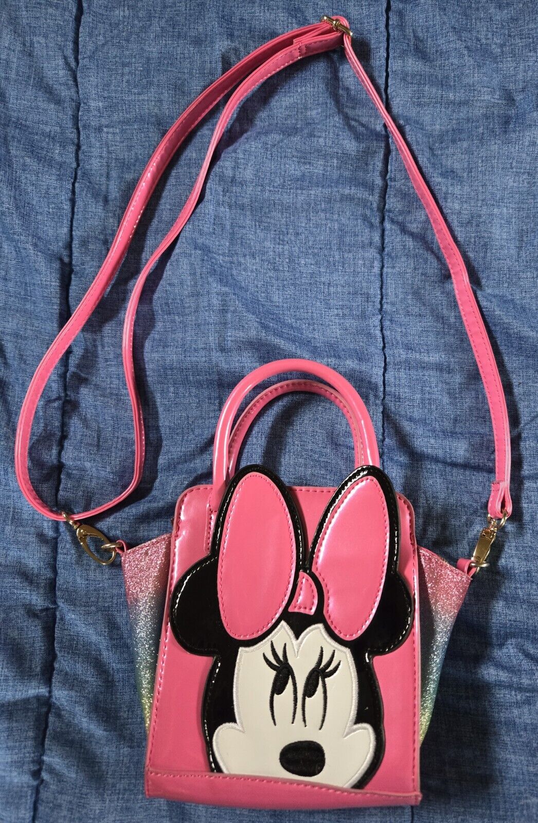 Minnie Mouse Pink Purse With Rainbow Glitter sides