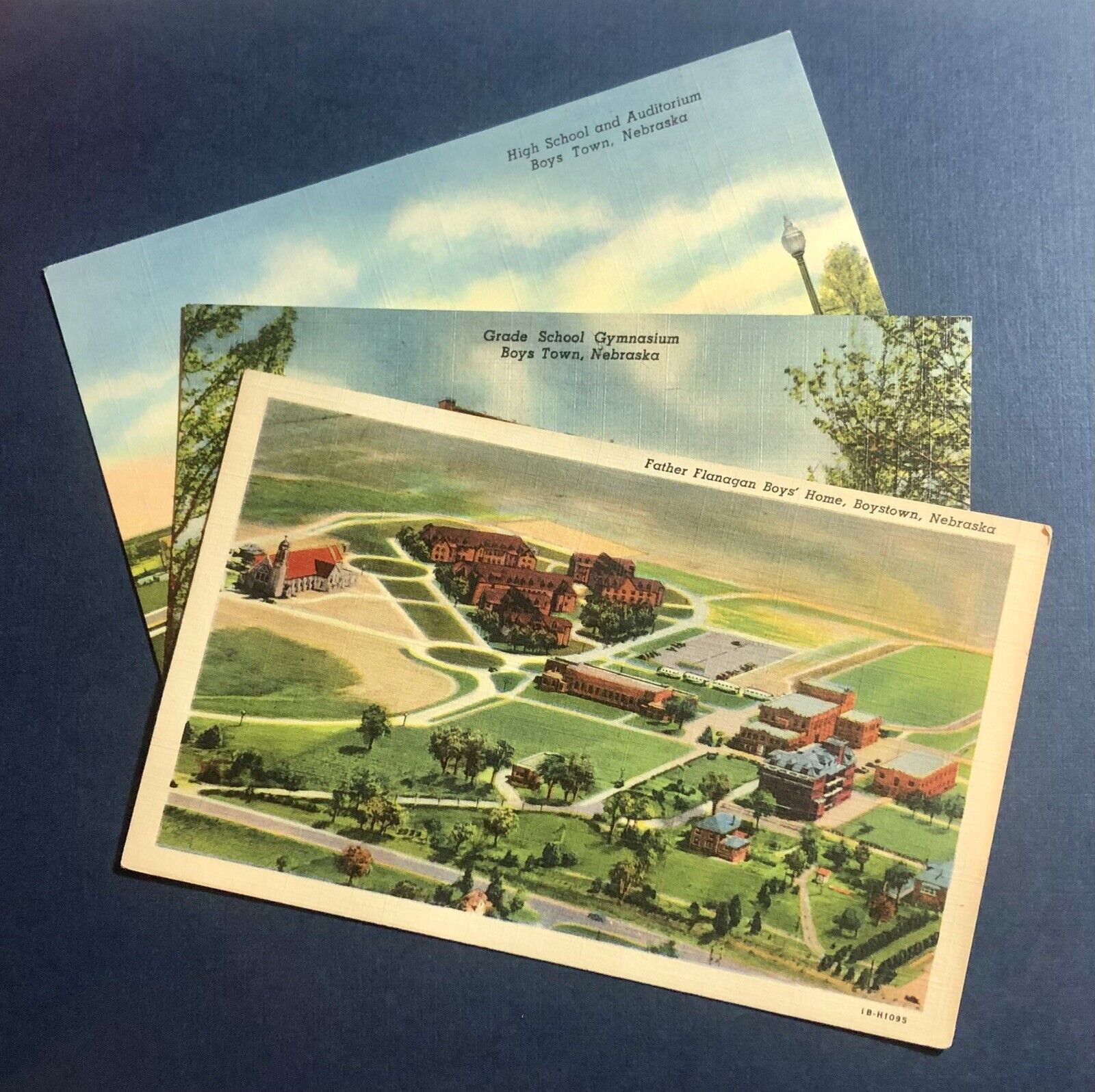 Postcards x3 Boys Home Town Nebraska Gym High School Aerial View Father Flanagan