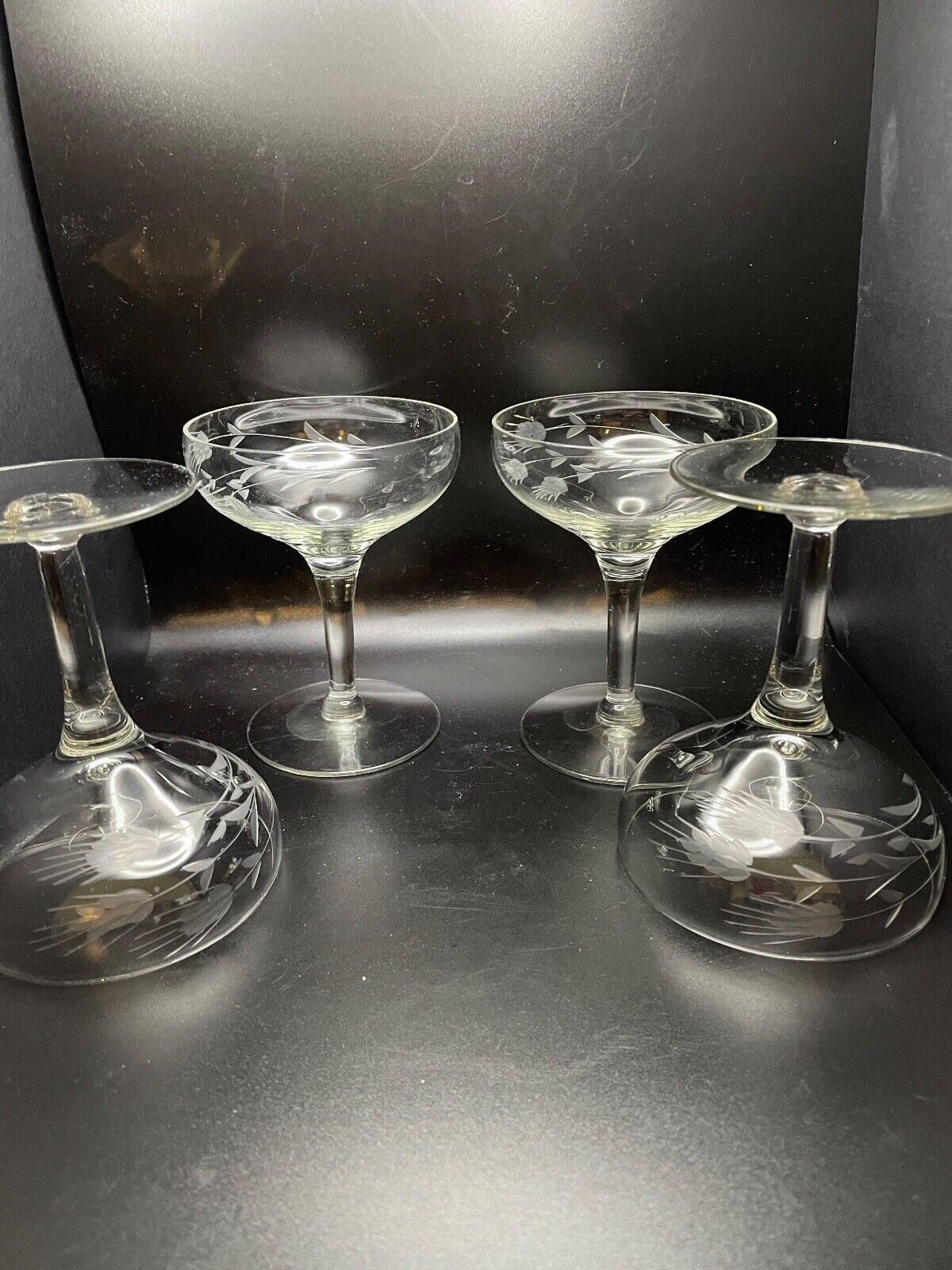 Set of 4  Coupe/Champangne Stemware, Etched with Wheat Sheaves MCM