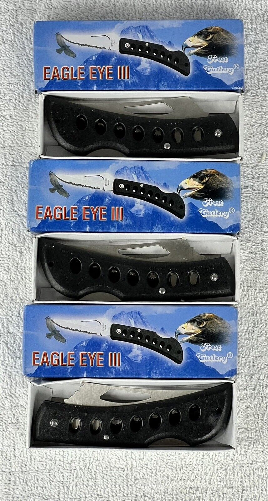 Lot Of 3, Frost Cutlery Eagle Eye III 5” Closed Lockback Knife with Black Handle