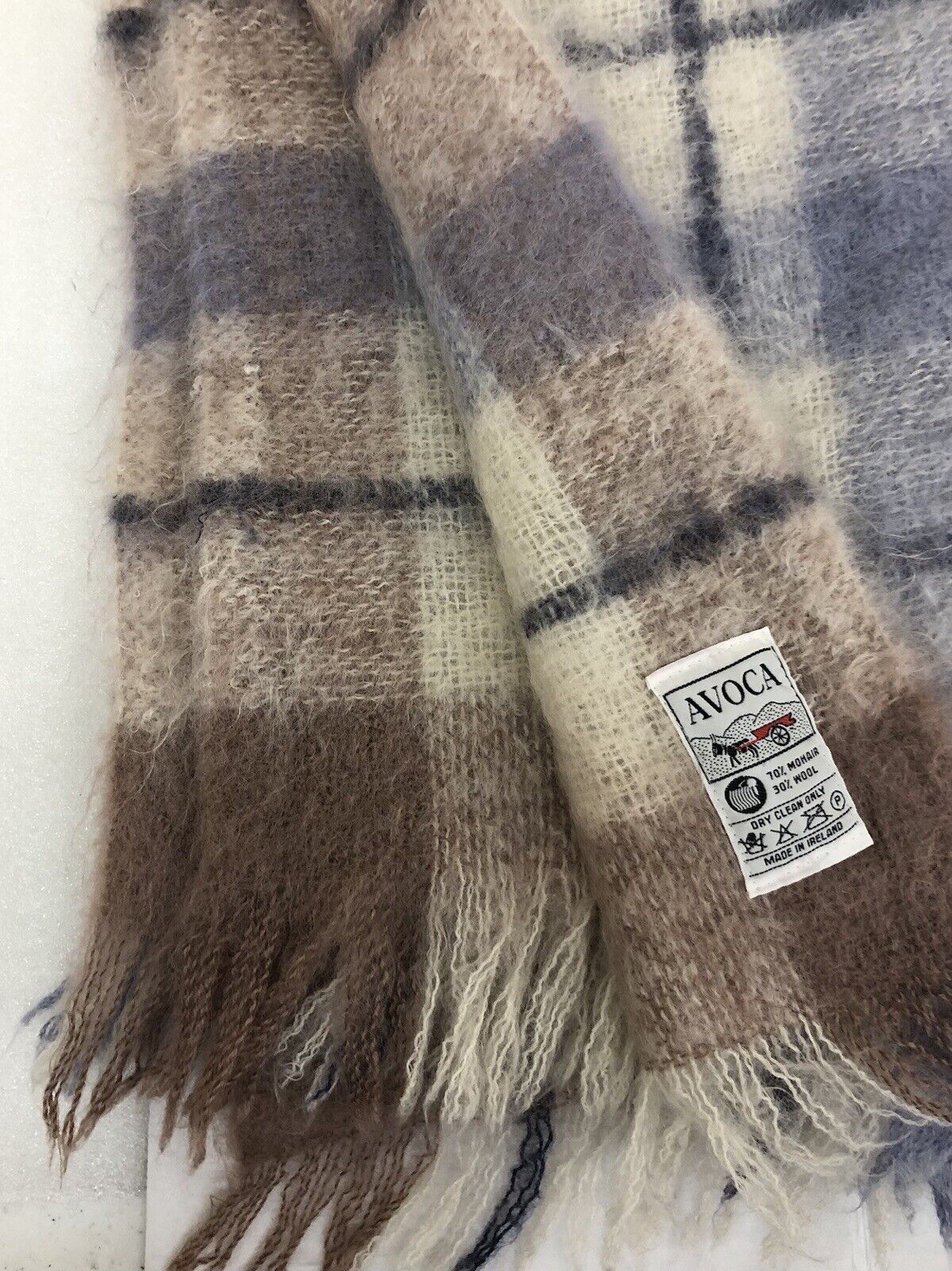 VTG Avoca Handweavers Ireland  Mohair Wool Plaid Fringe Throw Blanket 54x34”