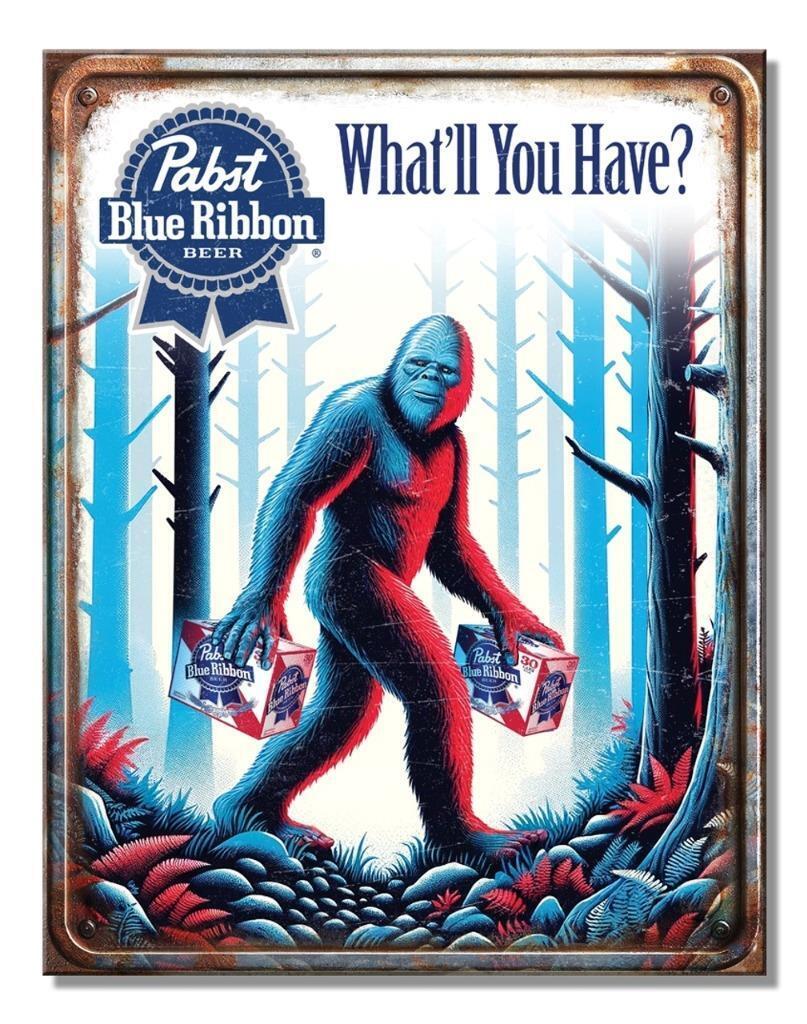Pabst Blue Ribbon PBR Bigfoot Sasquatch Tin Metal Bar Beer Sign Made In The USA