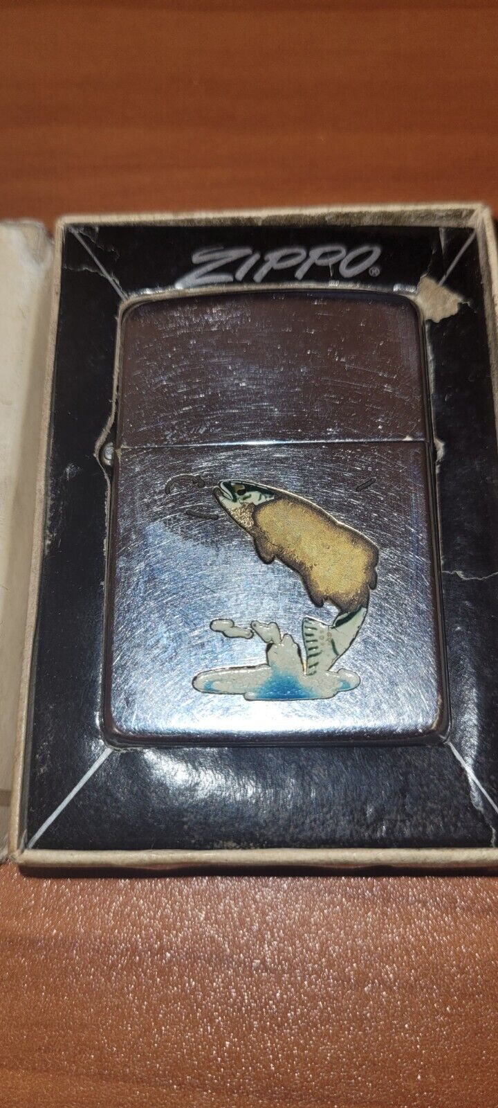 Vintage 1950’ Town & Country Enameled Trout Zippo Lighter Matching Insert 