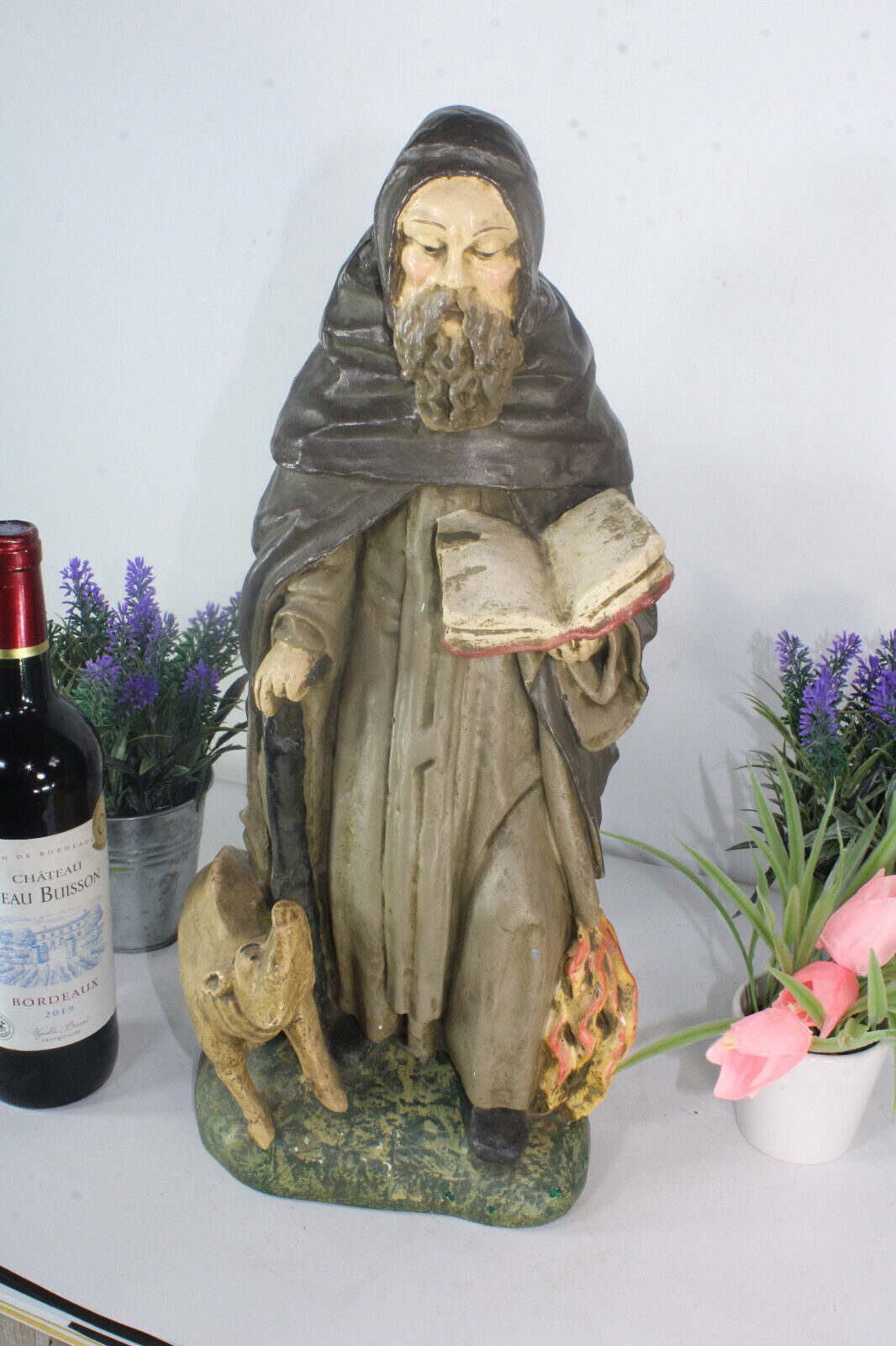 XL French antique ceramic chalk saint anthony abt pig statue figurine religious