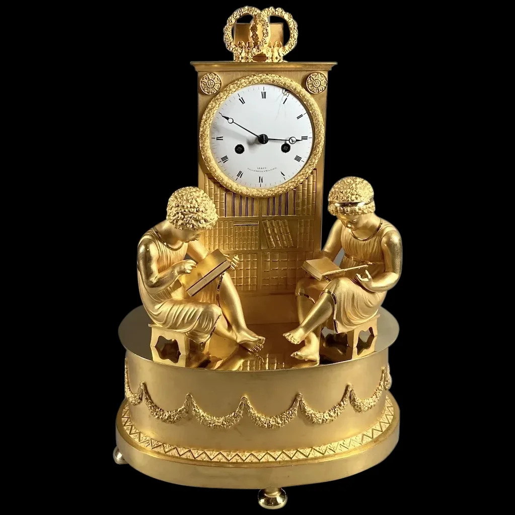 Exquisite French Empire Style Gilt Bronze Table/Mantel Clock: Circa 1800-1810