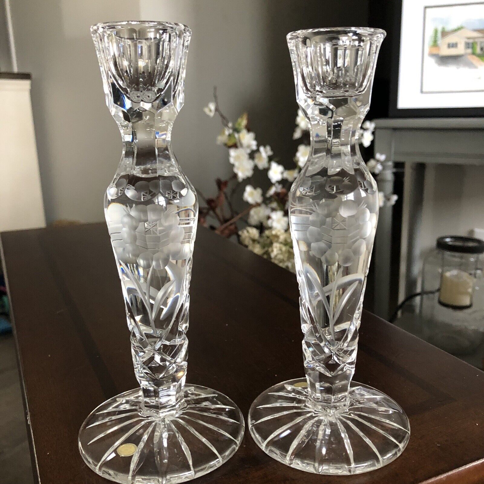 Pair Floral Solid Hungary Crystal Etched Glass 7.5” Candlestick Holders 