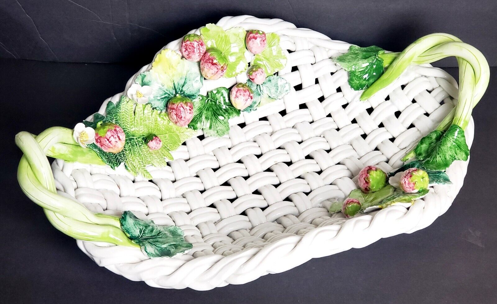 Large Porcelain Lattice Flower Basket/ Sculpture With Berries/Leaves-20\