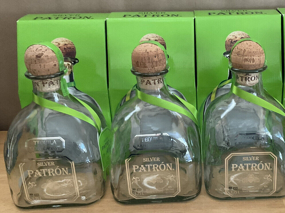 3 X Patron Silver Tequila 1.75L LARGE Bottles empty w/Green Ribbon Box & Cork
