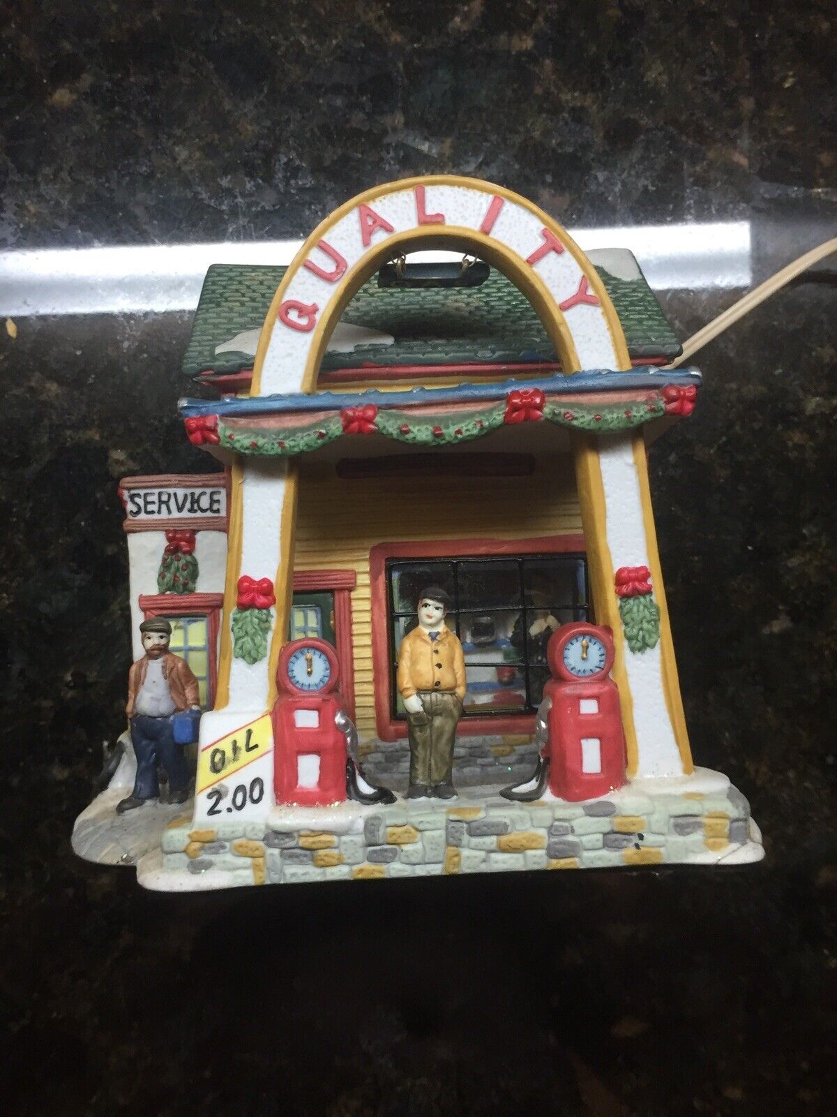 Quality Service Gas Station Porcelain Lighted House Christmas Village 