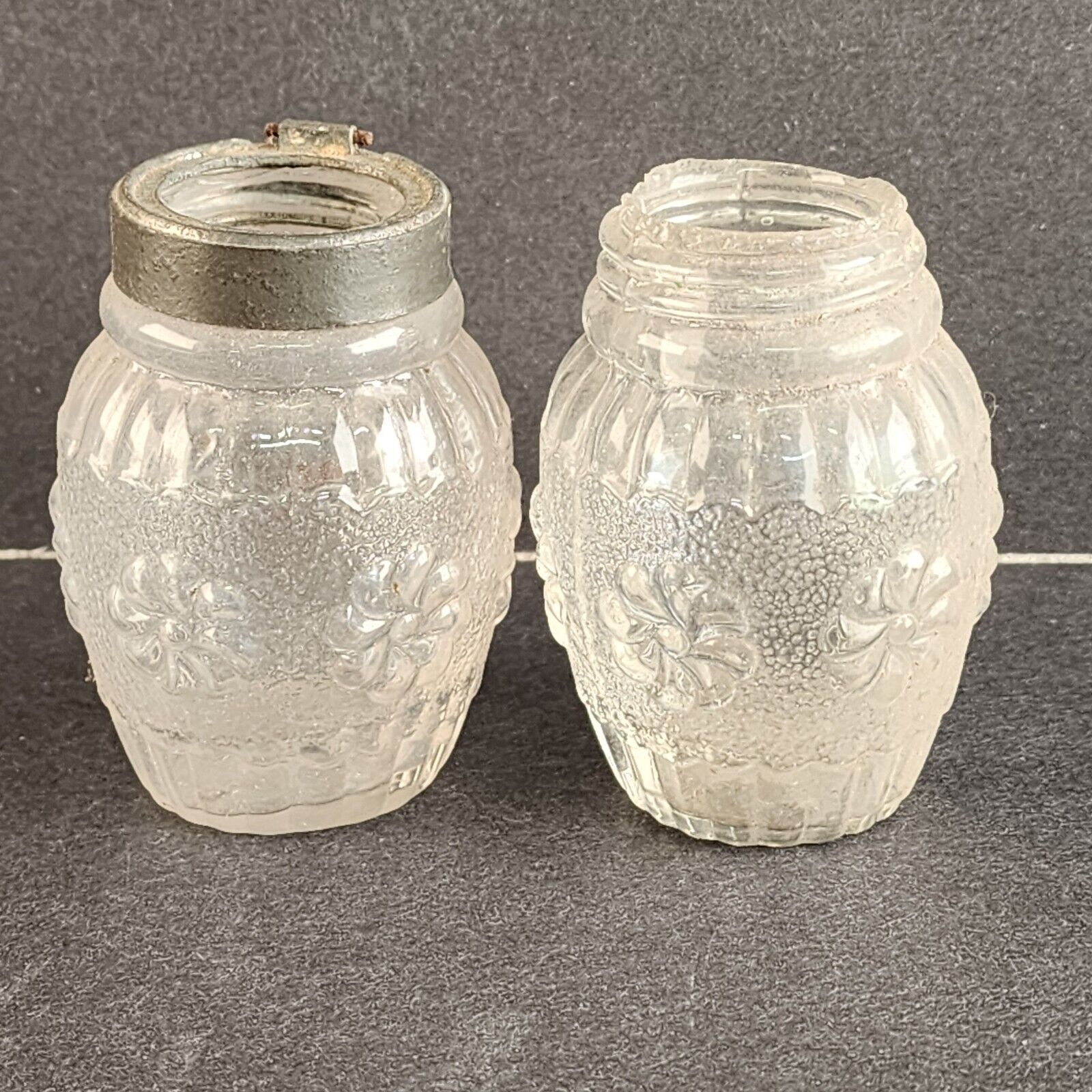 2 Antique Shakers Salt Mustard Jars Rough Glass Rosette Glass Clear Metal Lip