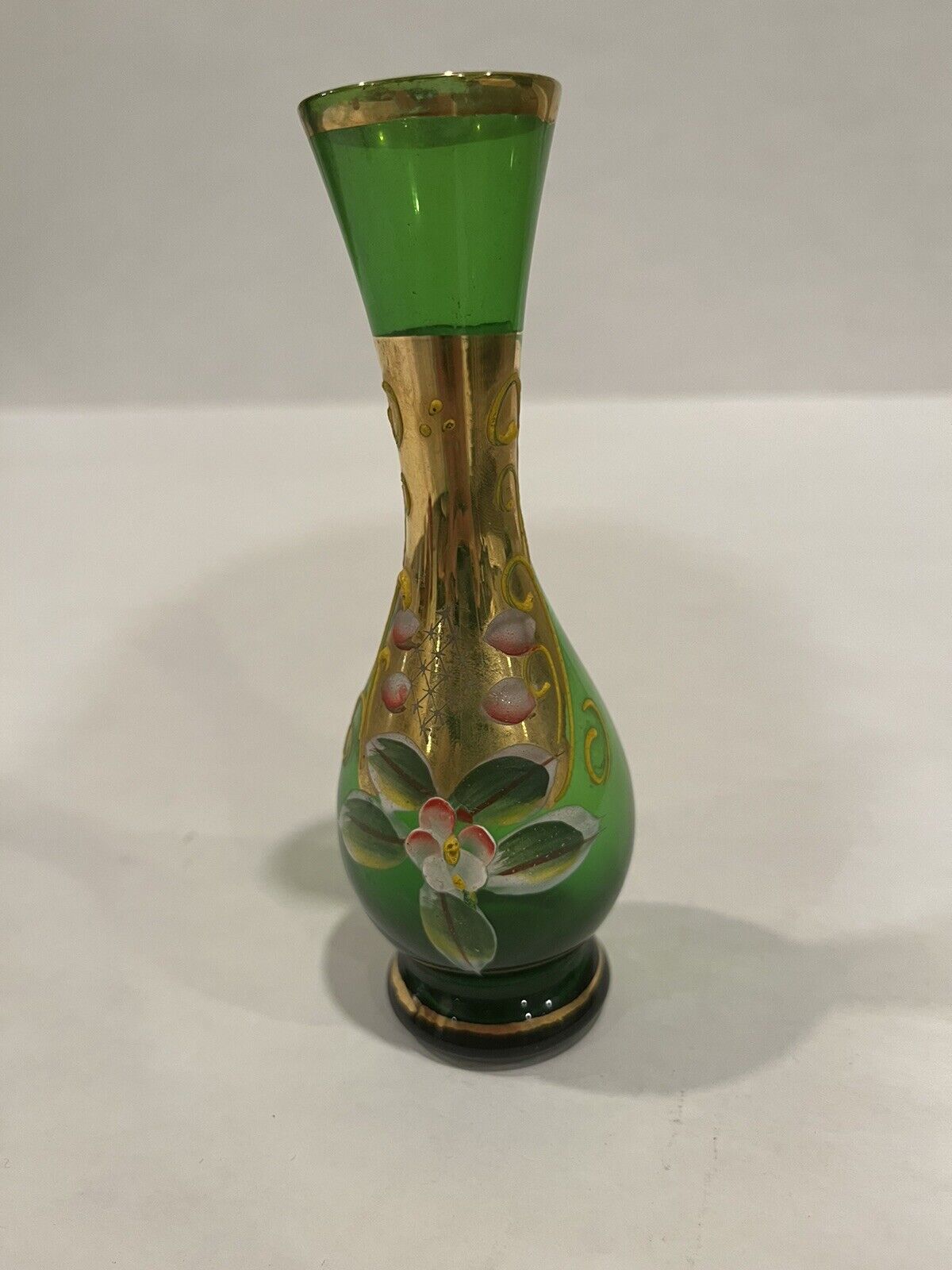 Vintage Emerald Green Glass Hand Painted Flower Bud Vase Gold Bohemian Glass