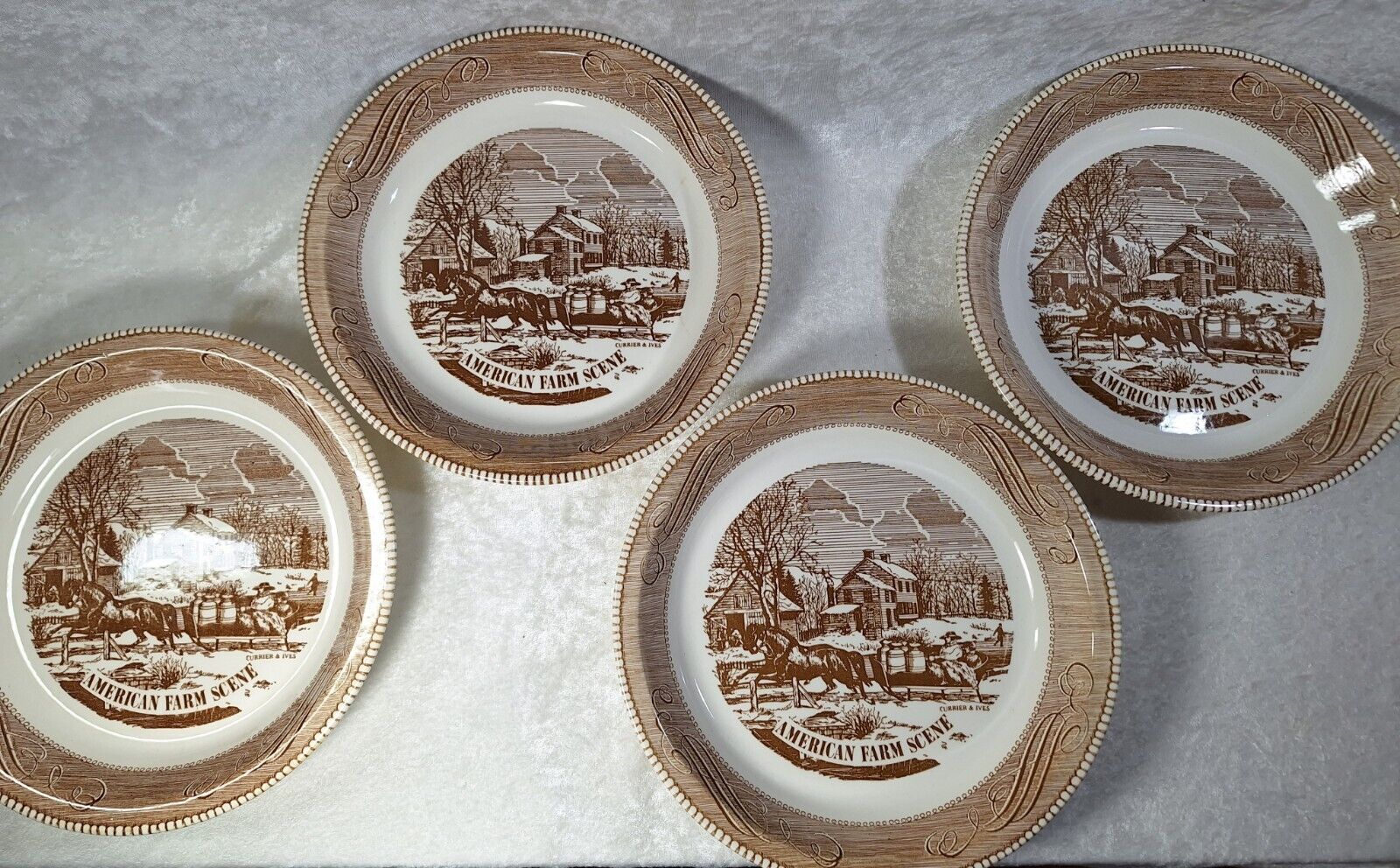 Jeannette Royal China 10 in Currier Ives 4 Pie Plates AMERICAN FARM SCENE Brown