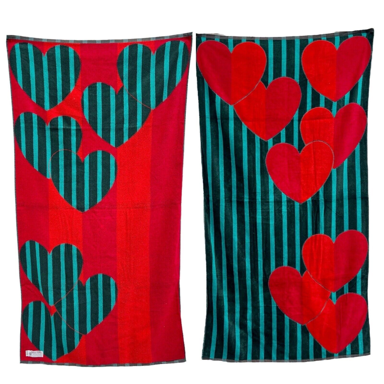 Vintage Royal Terry Beach Bath Towel Bright Red Hearts Stripes 34x62