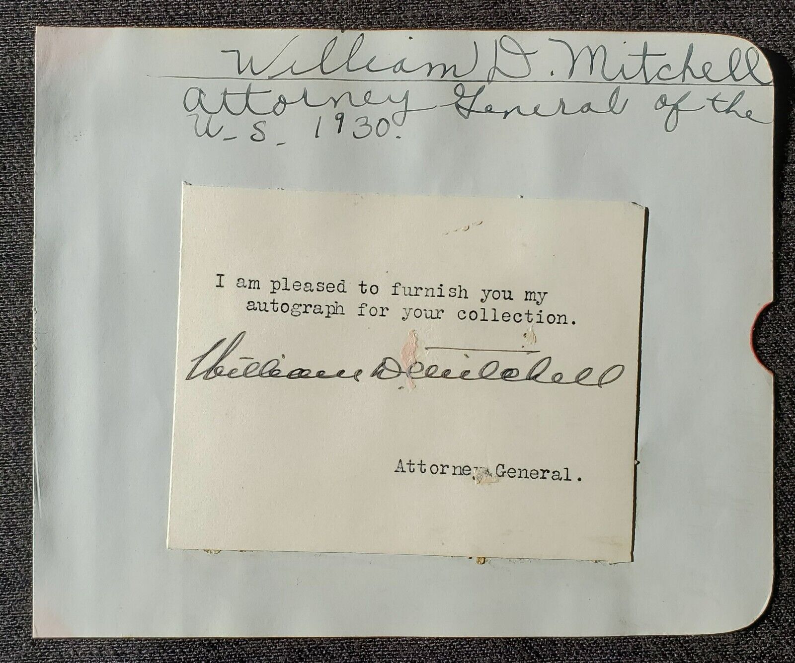 1930 US Attorney General William D. Mitchell Autograph Card