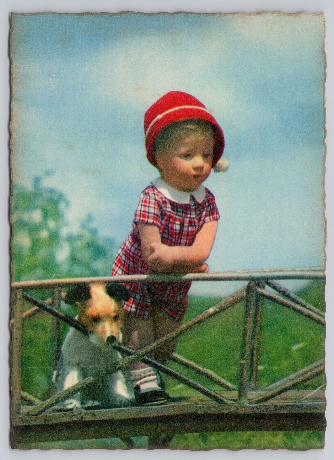 Germany, Kathe Kruse, Doll & Dog Looking Over Bridge, Vintage Postcard