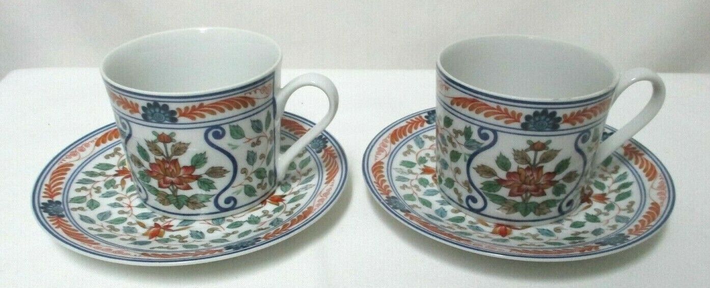 Georges Briard Imari Blossoms Porcelain Flat Demitasse Cup Mug Saucer Set 2 Vtg