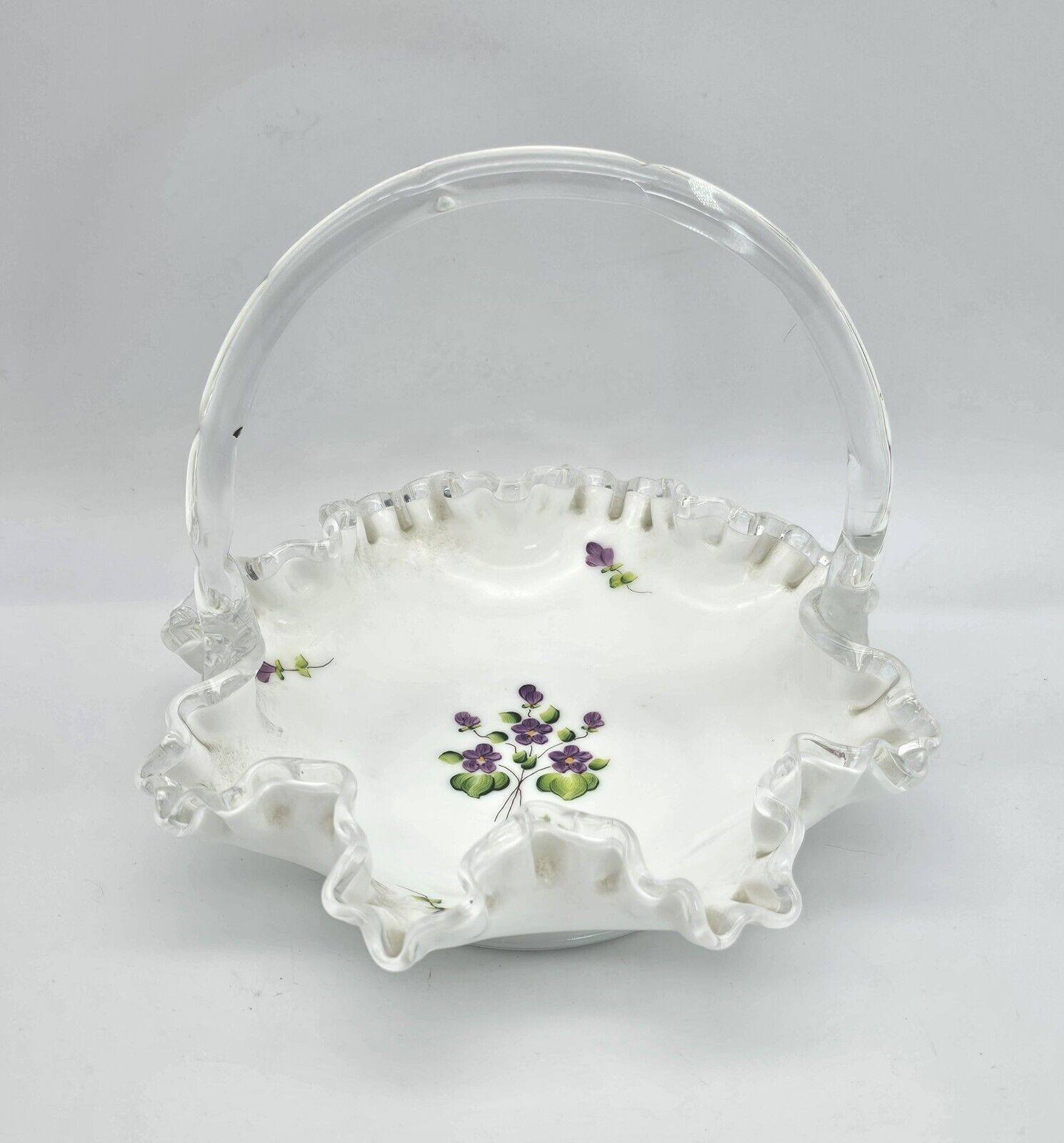 VTG Fenton White Silver Crest Spanish Lace Violet In The Snow Basket #3538DV