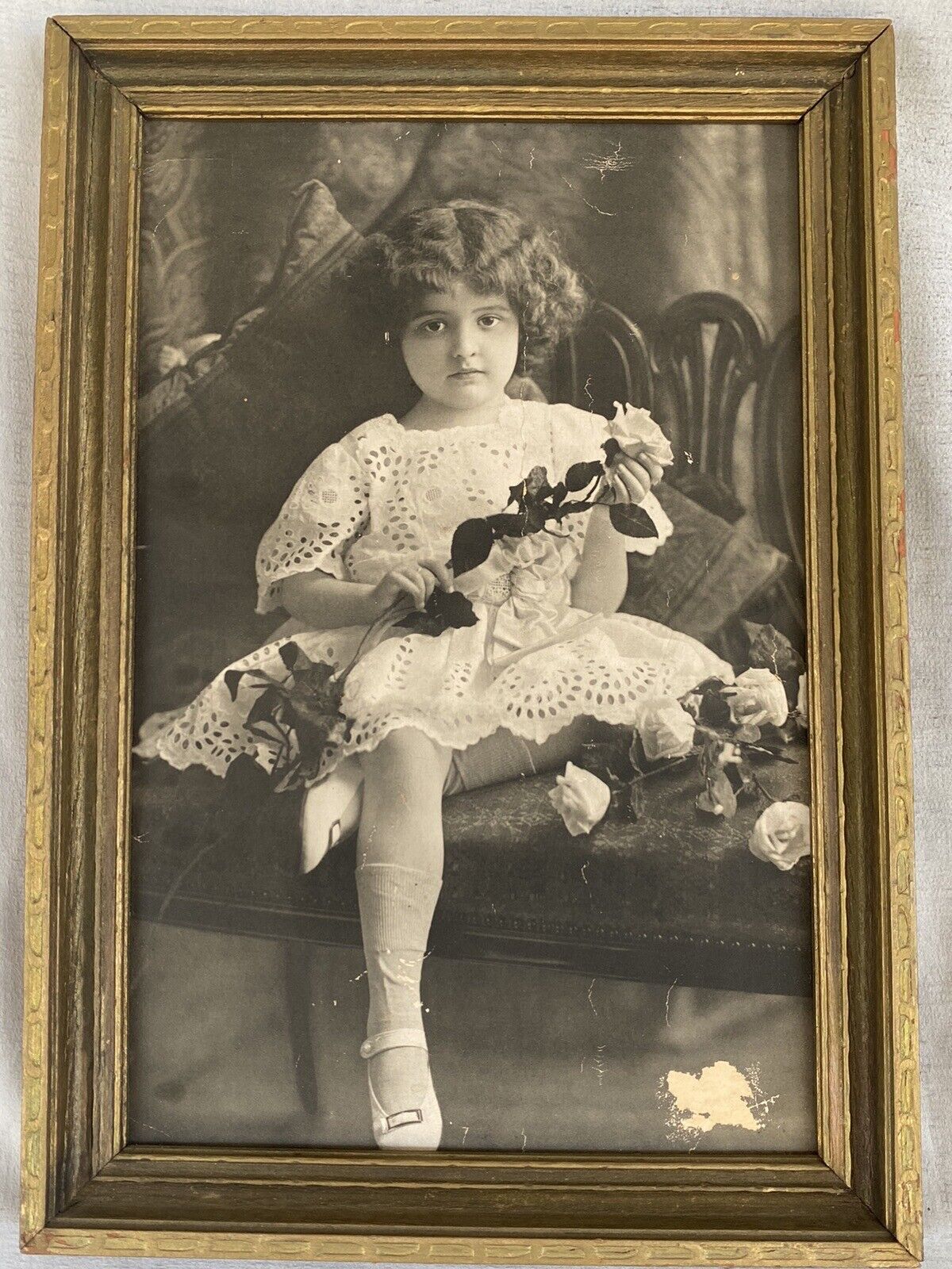 Vtg Victorian Girl Child Setting Holding A Flower Photograph Photo Black & White