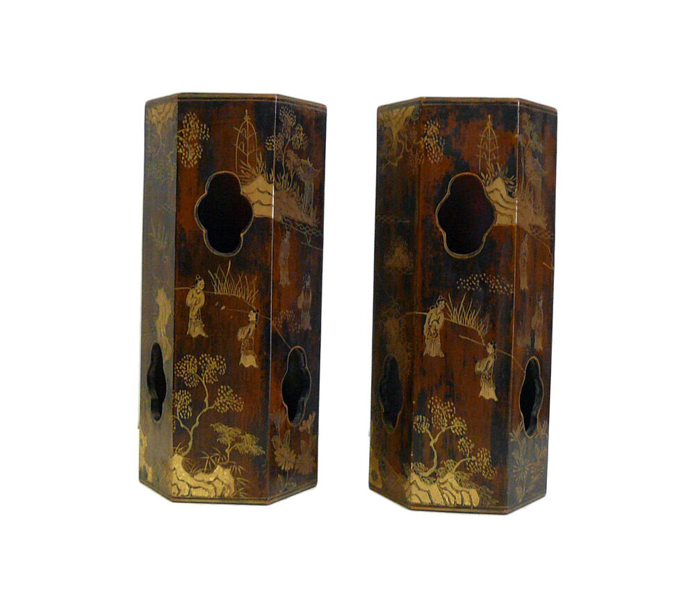Pair Chinese Matte Gold Scenery Display Brush Pots cs670-5