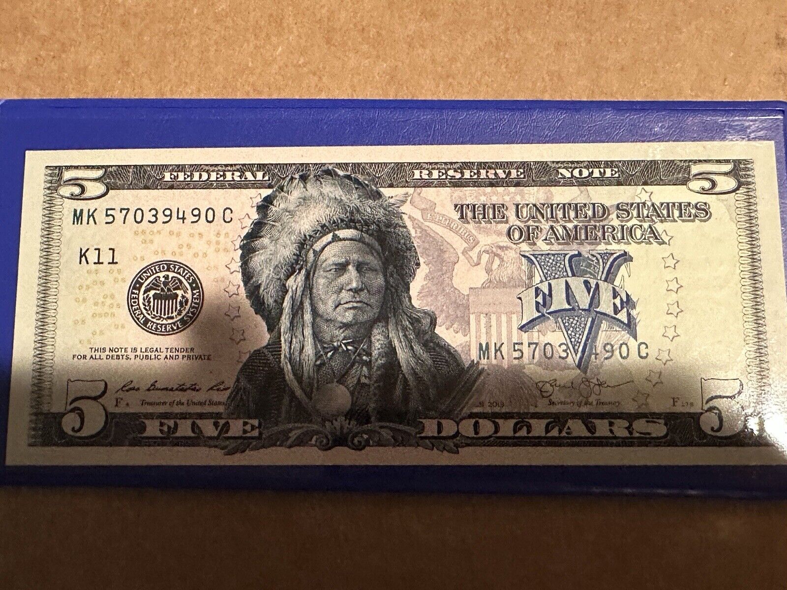 Native American Indian Chief 1899 . Five(5) Dollar Bill This Is A Commemorative