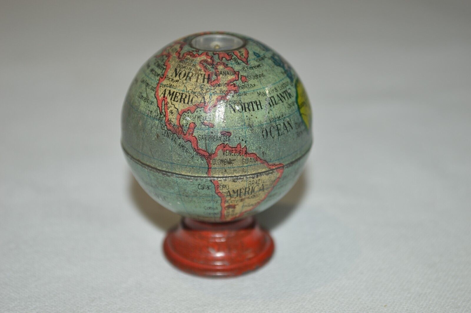 Vintage Tin Litho Globe Pencil Sharpener & Compass Earth World Map