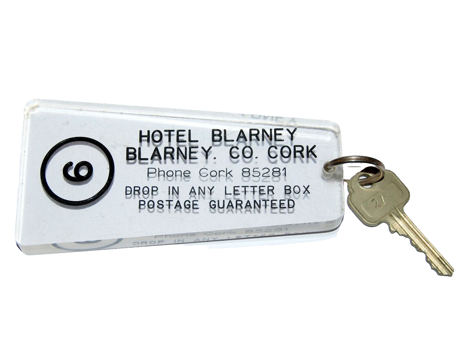 Vintage HOTEL BLARNEY Cork Ireland Large Clear Room Key Fob Tag Irish Chain