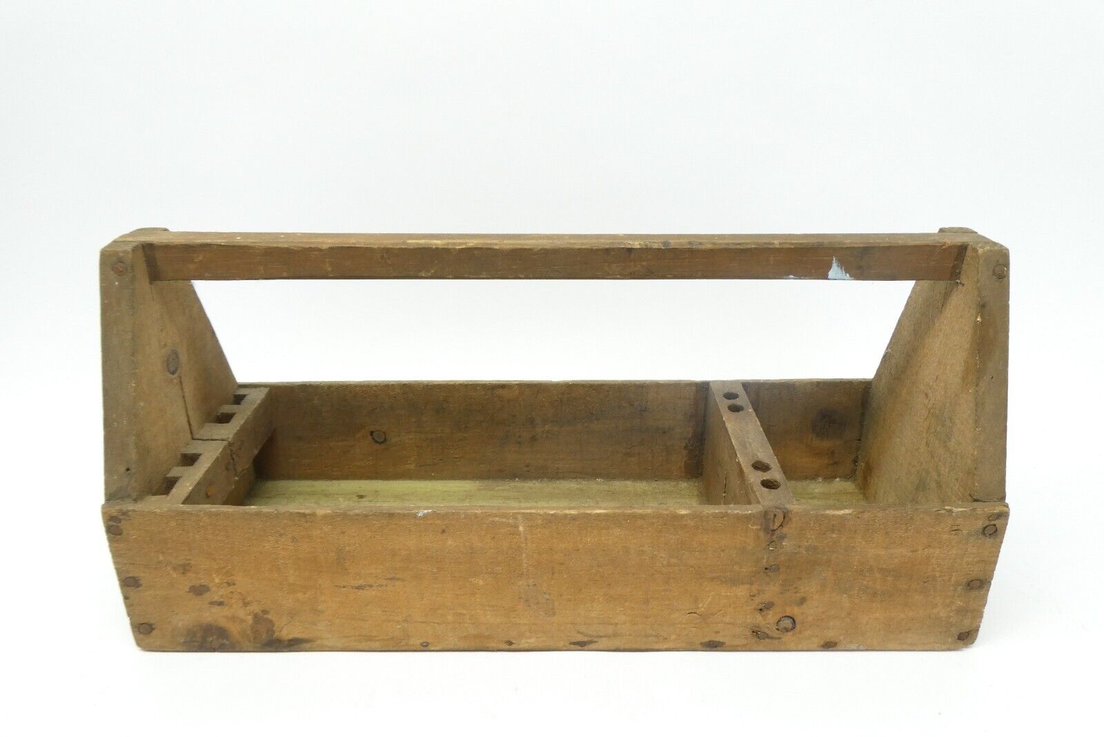 Vintage Used Rustic Wood Wooden Homemade Carpenters Tool Caddy Carrier Handled