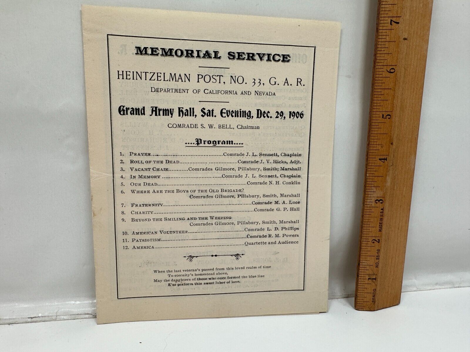 Heintzelman Post GAR CA & NV MEMORIAL SERVICES BOOKLET SW BELL 1904 1905 1906