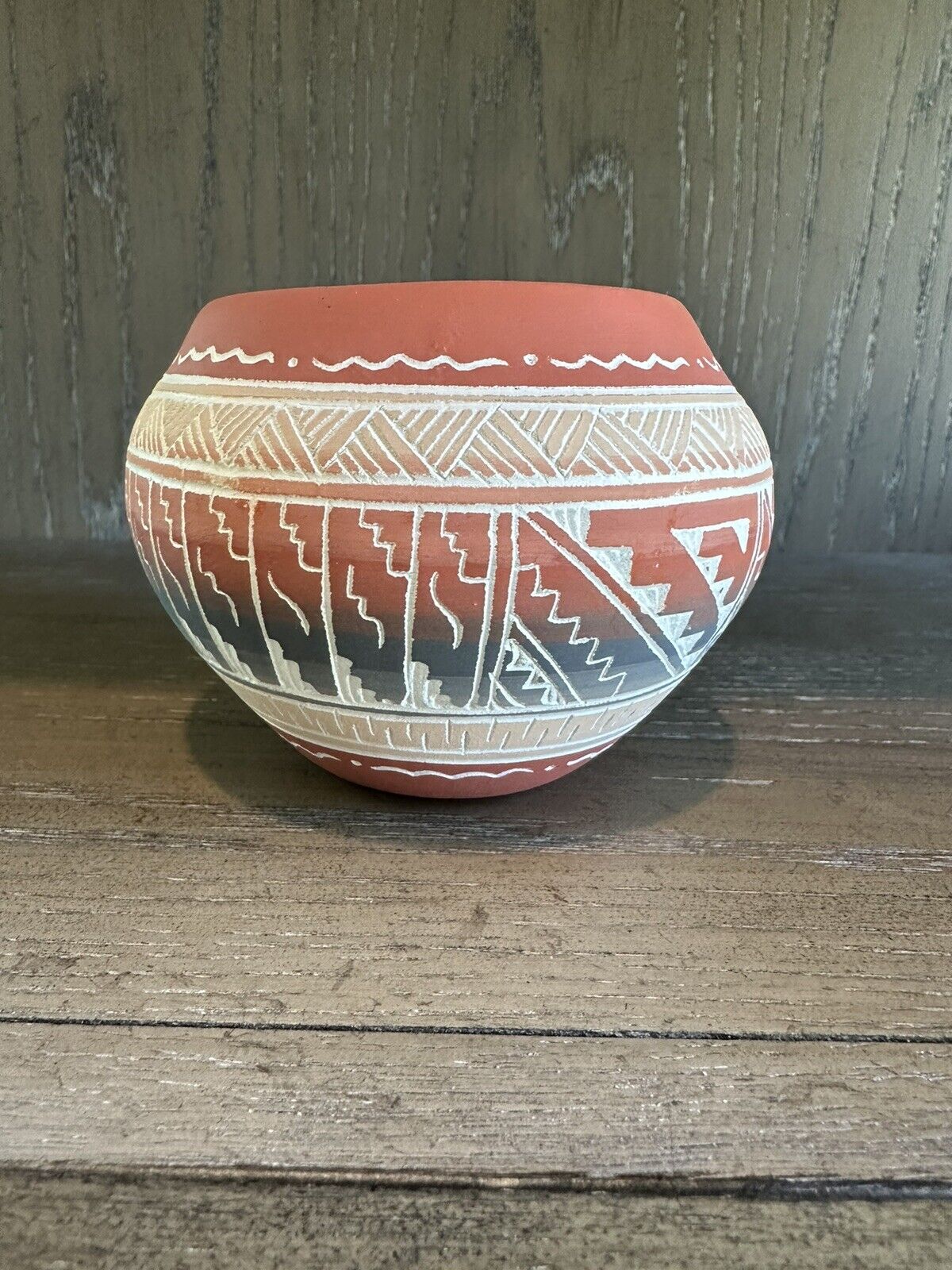 Navajo Clay Pottery Hand Etched Bowl Hand Painted Signed Native American 4”