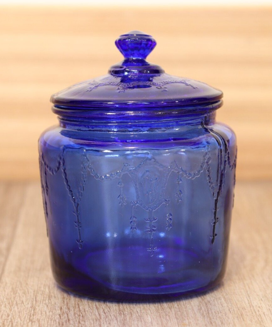 Vintage Cobalt Blue Glass Jar Apothecary Cannister with Lid 4\